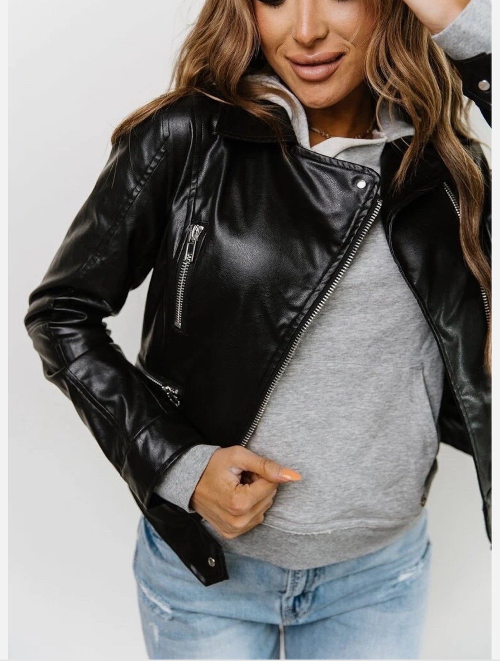 Women faux leather jacket zip coat - Picture 4 of 5